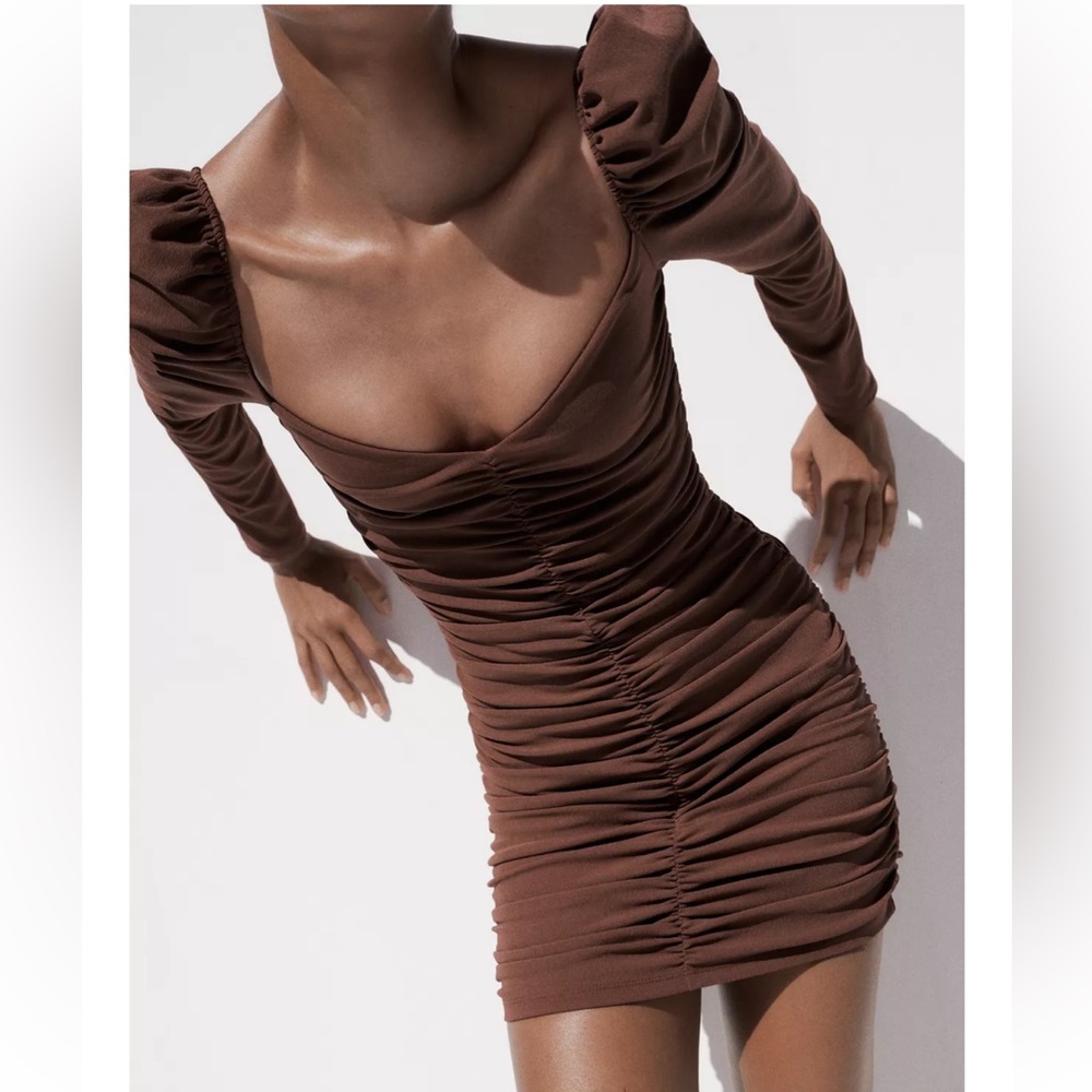 Zara NWT brown long sleeve mini ruched dress - Picture 3 of 10